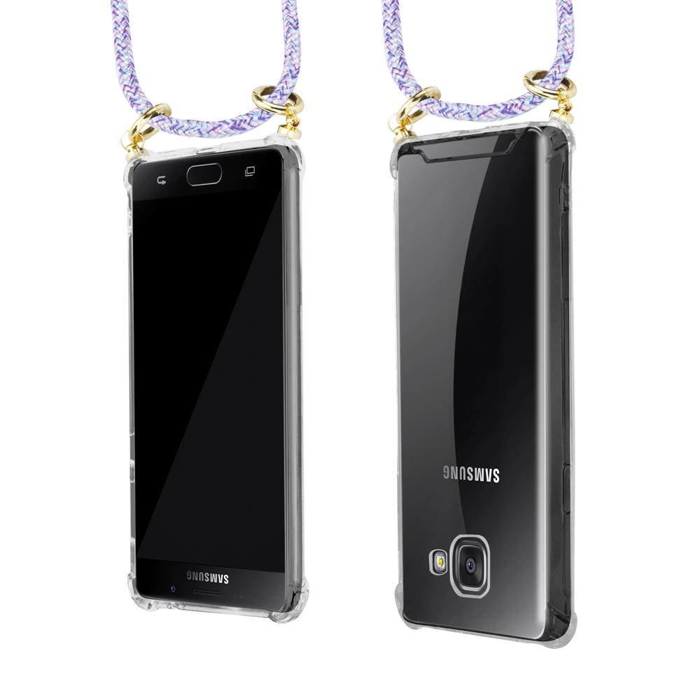 Dos teléfonos Samsung en fundas transparentes con cordones morados.