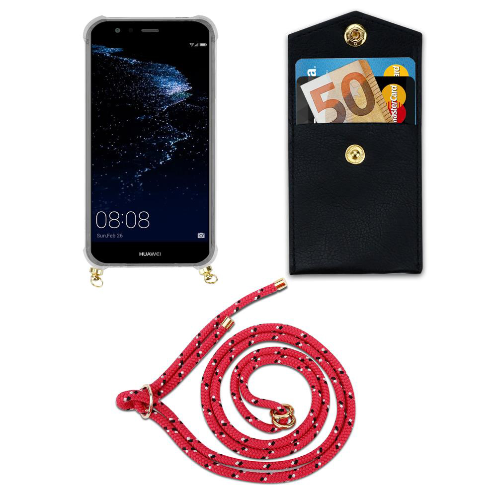 Uno smartphone in custodia, un portafoglio nero con carte e denaro, e un cordone rosso.