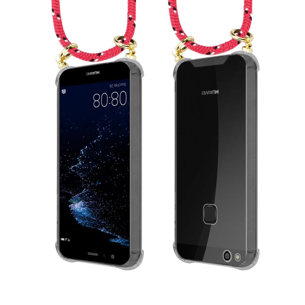 Due telefoni Huawei con laccetto rosso. Uno mostra lo schermo, l'altro il retro. Cover trasparenti.