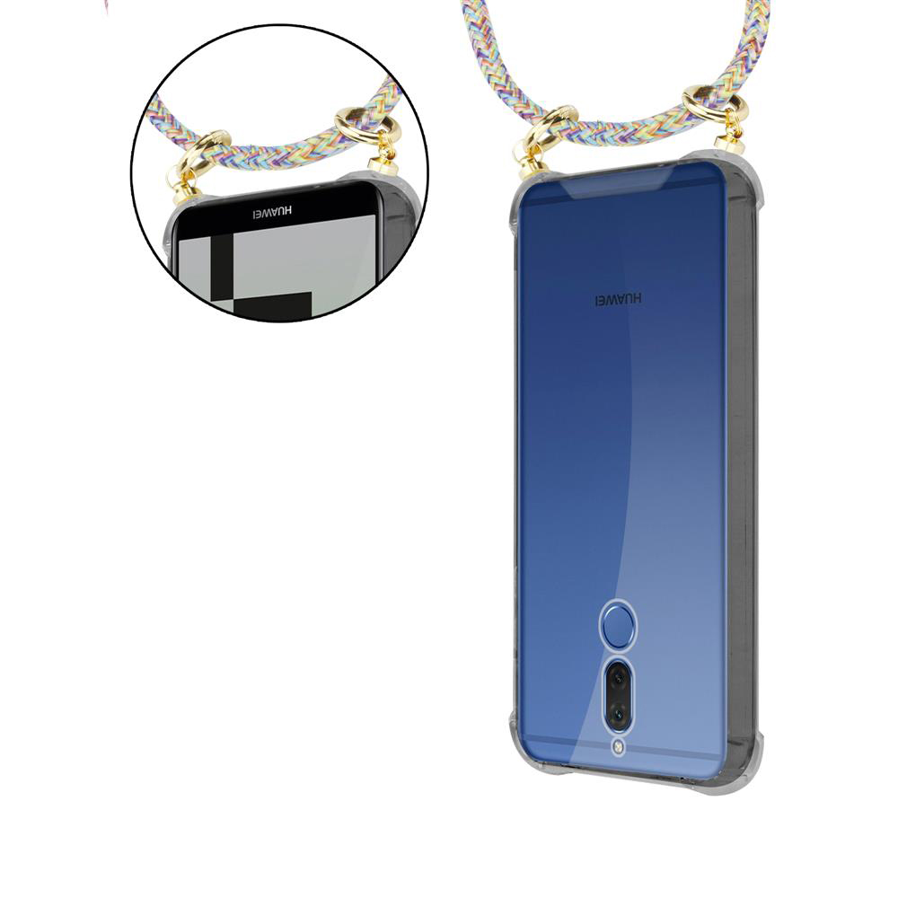 Due telefoni Huawei in custodie trasparenti con cordini intrecciati colorati.