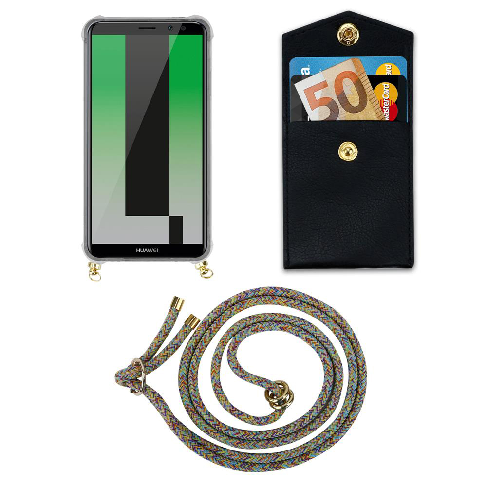 Uno smartphone in custodia, una tasca nera con soldi e carte, e un cordino colorato.