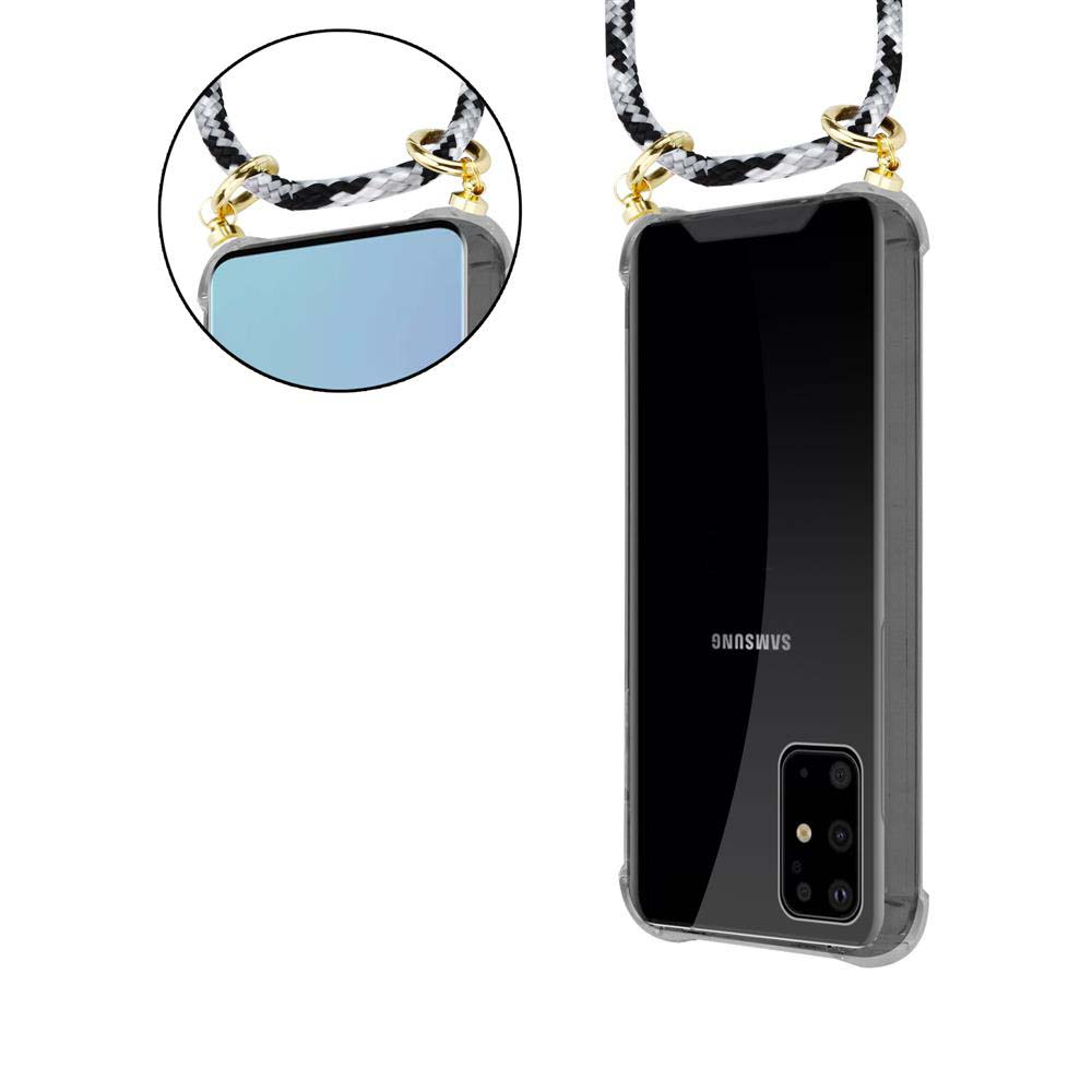 Un telefono Samsung trasparente con cordino bianco e nero e accenti dorati.