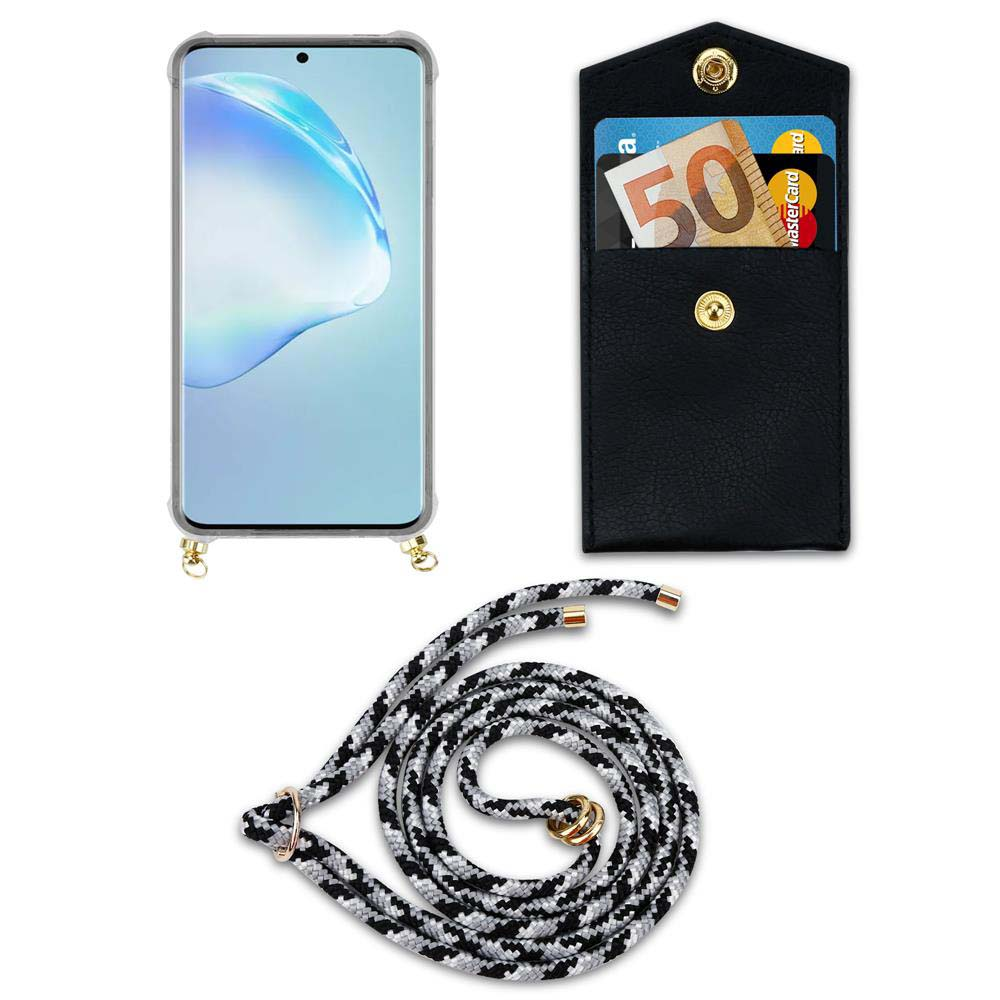 Smartphone con custodia, portafoglio con carte e soldi, e cordino.