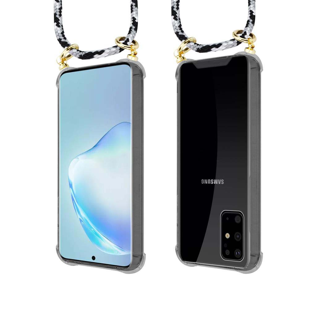 Due viste di un telefono in custodia trasparente con cordino bianco e nero.