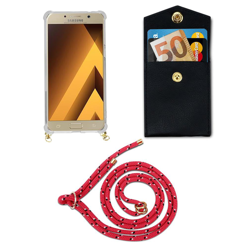 Uno smartphone in una custodia, un portafoglio nero con soldi e carte, e una corda rossa.