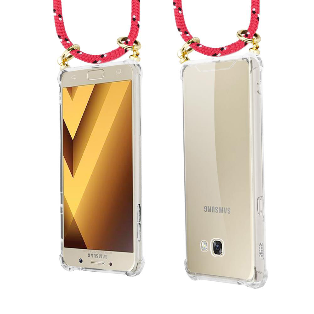 Smartphone in custodia trasparente con cordino rosso.