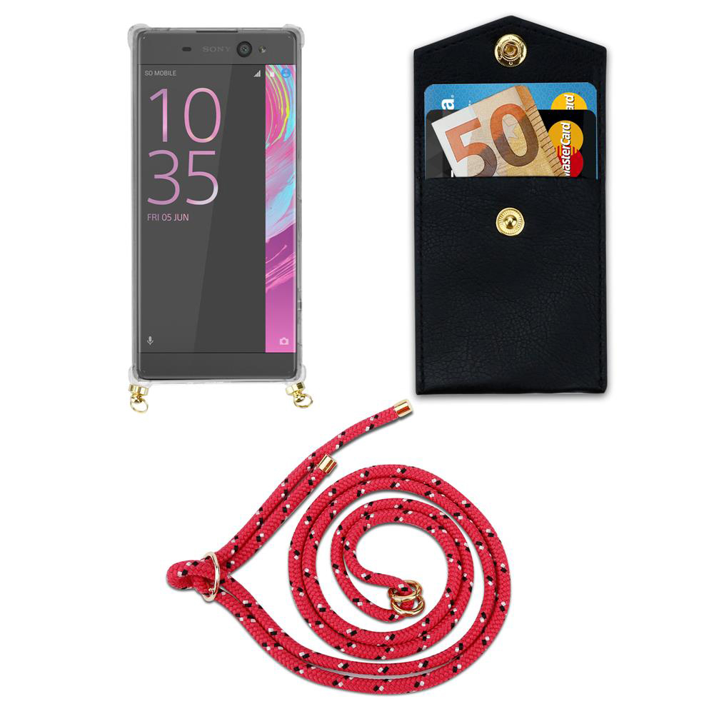 Sony Smartphone mit schwarzer Brieftasche und rotem Trageband.