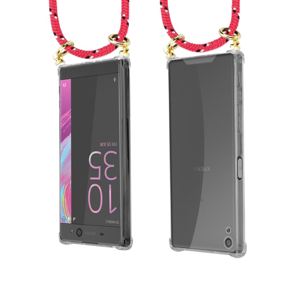 Zwei Smartphones mit roten Lanyards hängen nebeneinander. Eines zeigt die Uhrzeit 10:35.