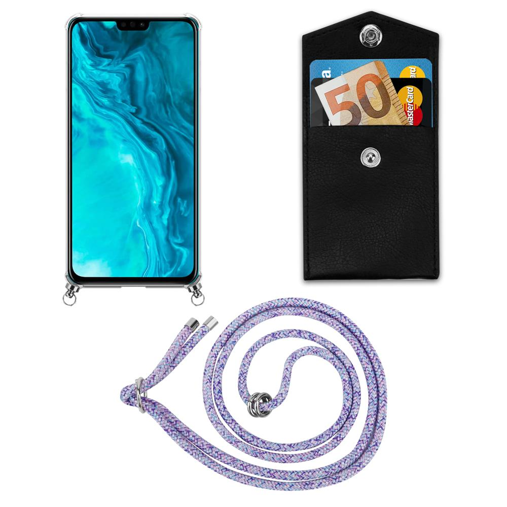 Uno smartphone, una custodia nera con banconota da 50 euro e carte, e un cordoncino viola.