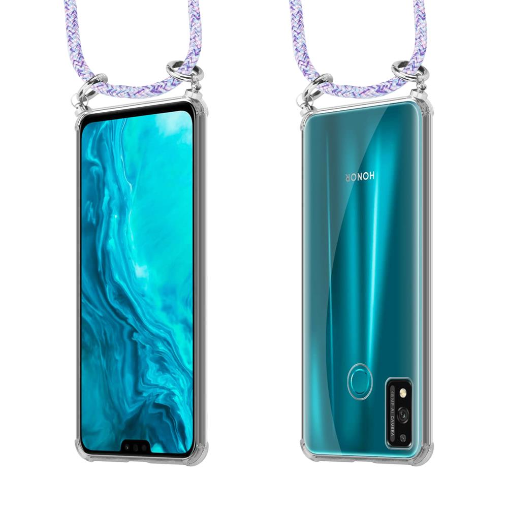 Smartphone in custodia trasparente con laccetto, vista frontale e posteriore.