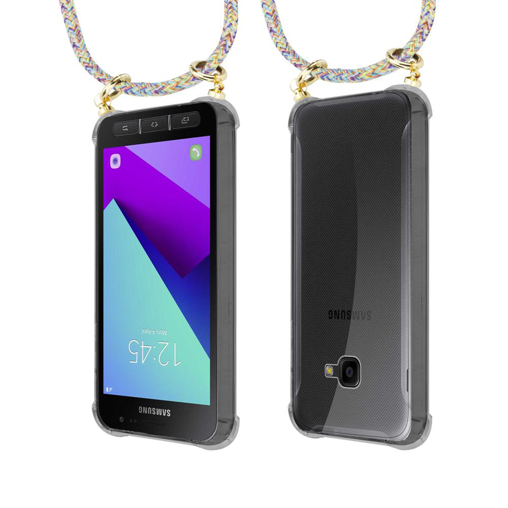 Due viste di un Samsung in custodia con cinturino colorato.