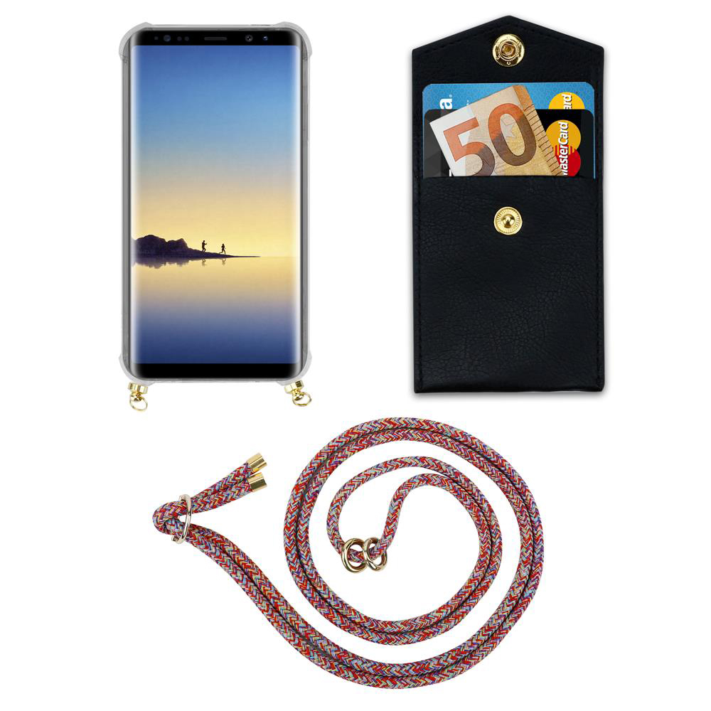 Smartphone mit Hülle, Geldbeutel mit Karten und Bargeld, farbiges Lanyard.