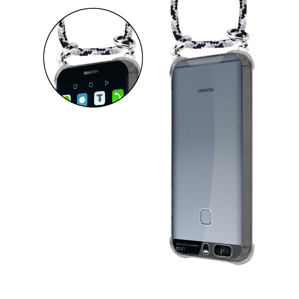 Ein Smartphone mit transparentem Gehäuse und Trageband, Vorder- und Rückseite.