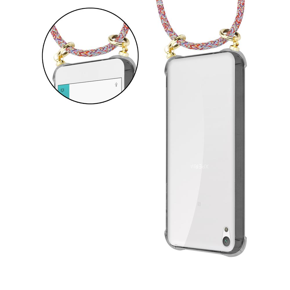 Ein Smartphone in einer durchsichtigen Hülle mit einer bunten Kordel.
