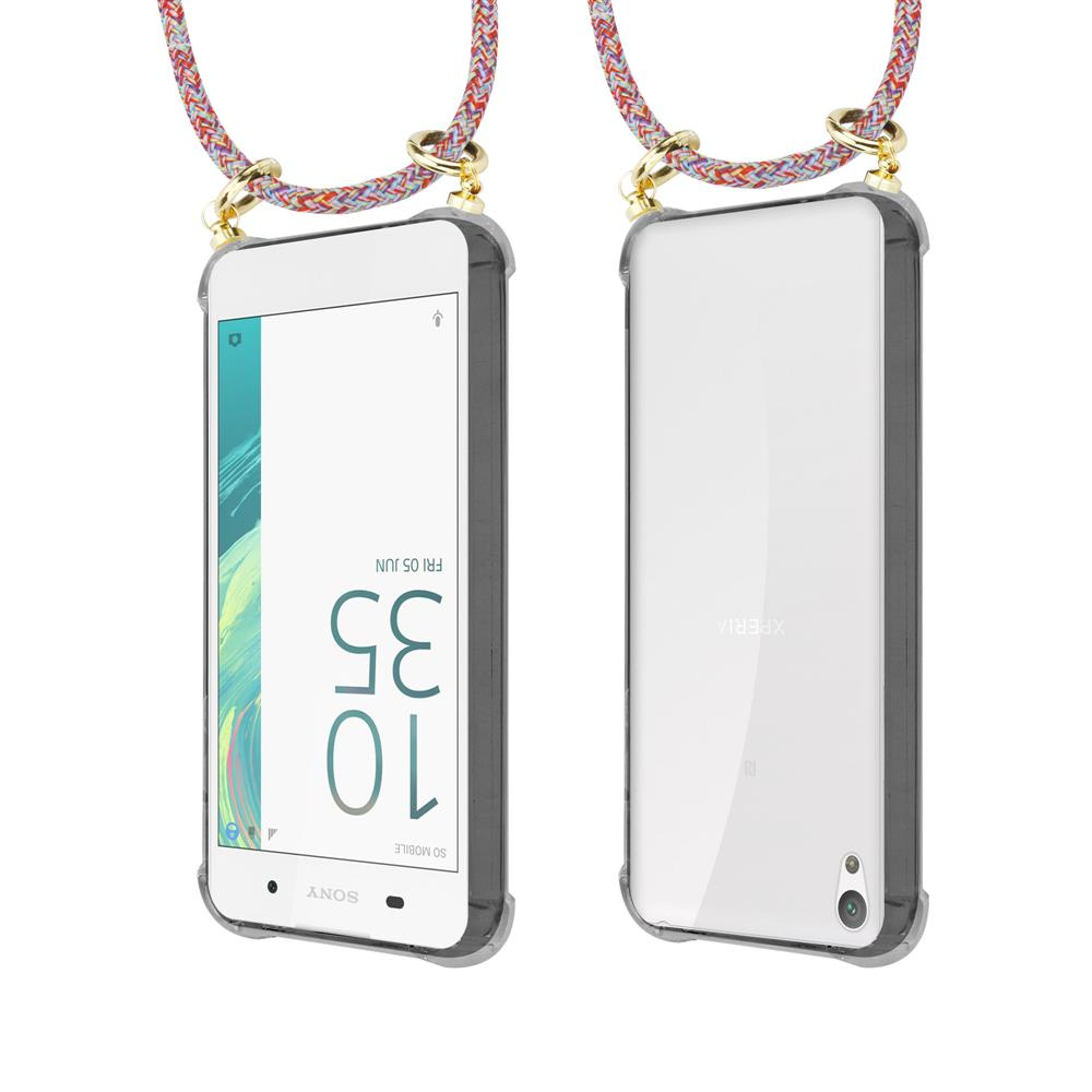Zwei Sony Xperia Handys mit Trageband, eins von vorne, eins von hinten.