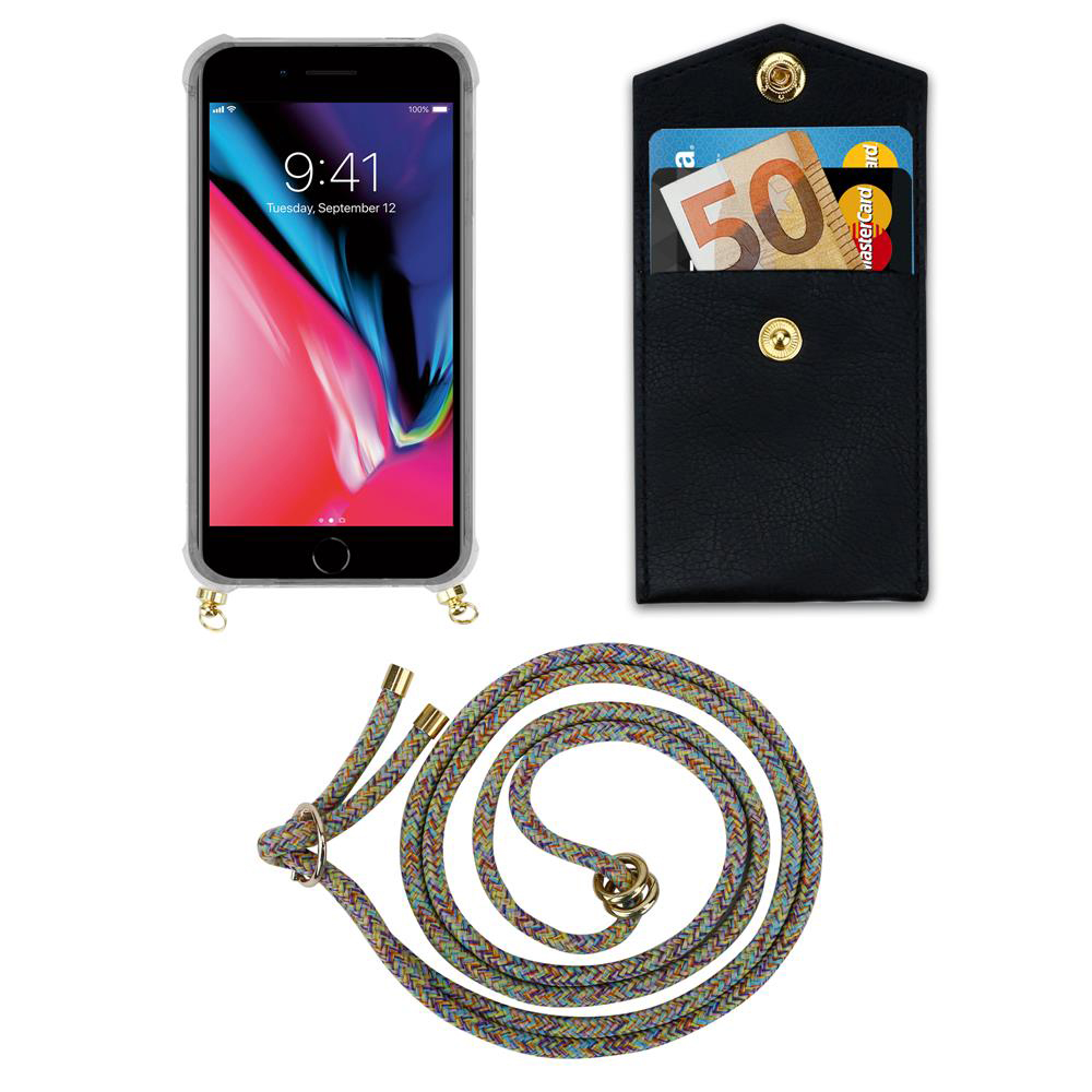 Uno smartphone in custodia, un portafoglio nero con soldi/carte e un cordino colorato.