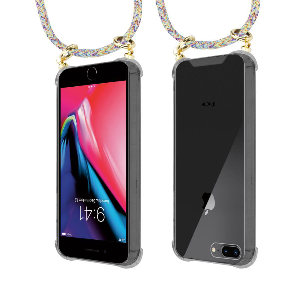 Due iPhone in custodie trasparenti con cinturini colorati. Uno mostra la schermata di blocco.