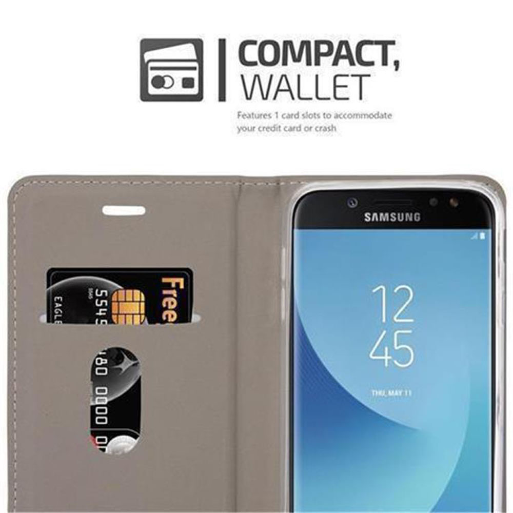 Custodia a portafoglio grigia con telefono Samsung, mostra 2 fessure per carte.