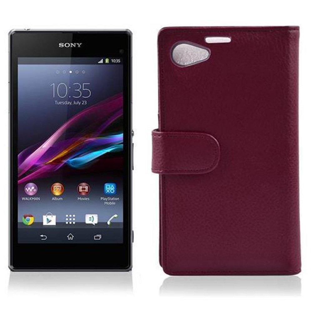 Smartphone Sony accanto a una custodia a libro in pelle bordeaux.