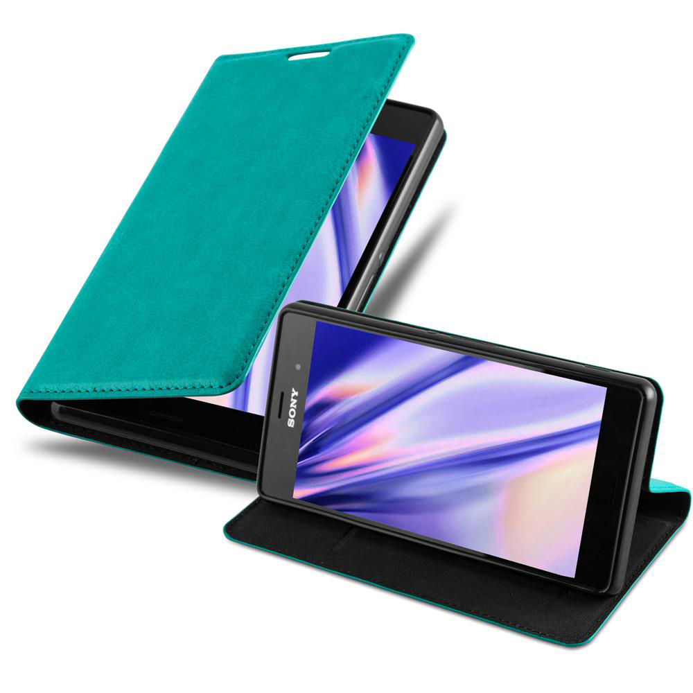 Una funda turquesa con un smartphone negro y pantalla colorida.