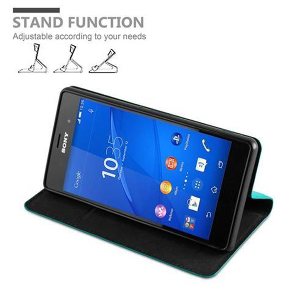 Un smartphone Sony en un estuche negro con soporte, levantado para ver medios.