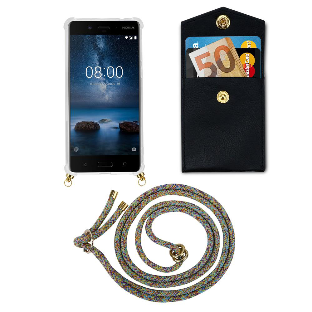 Nokia Smartphone mit schwarzer Hülle, Portemonnaie mit Karten und 50-Euro-Schein, bunte Kordel.