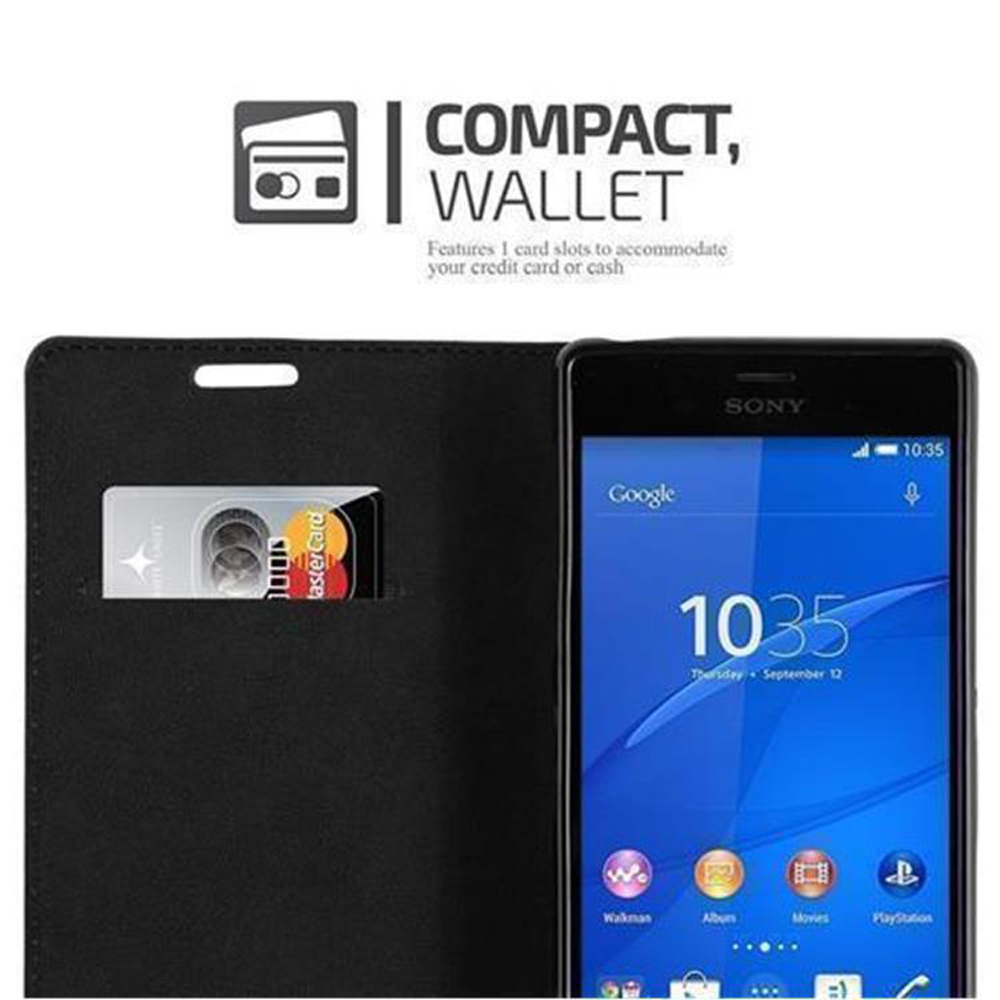 Funda tipo cartera negra con tarjeta de crédito y teléfono Sony mostrando las 10:35.