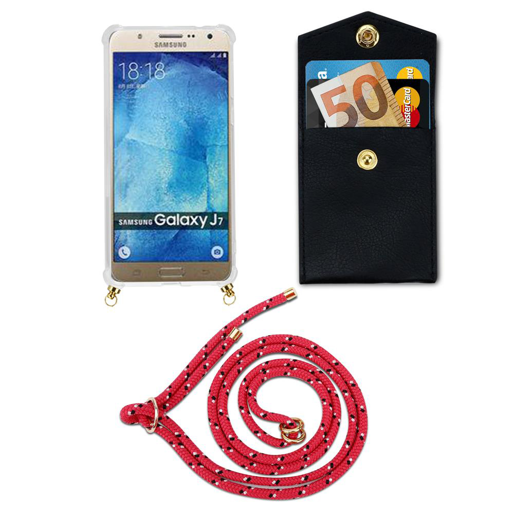 Un Samsung Galaxy J7 in custodia, un portafoglio nero con carte e un cordino rosso.