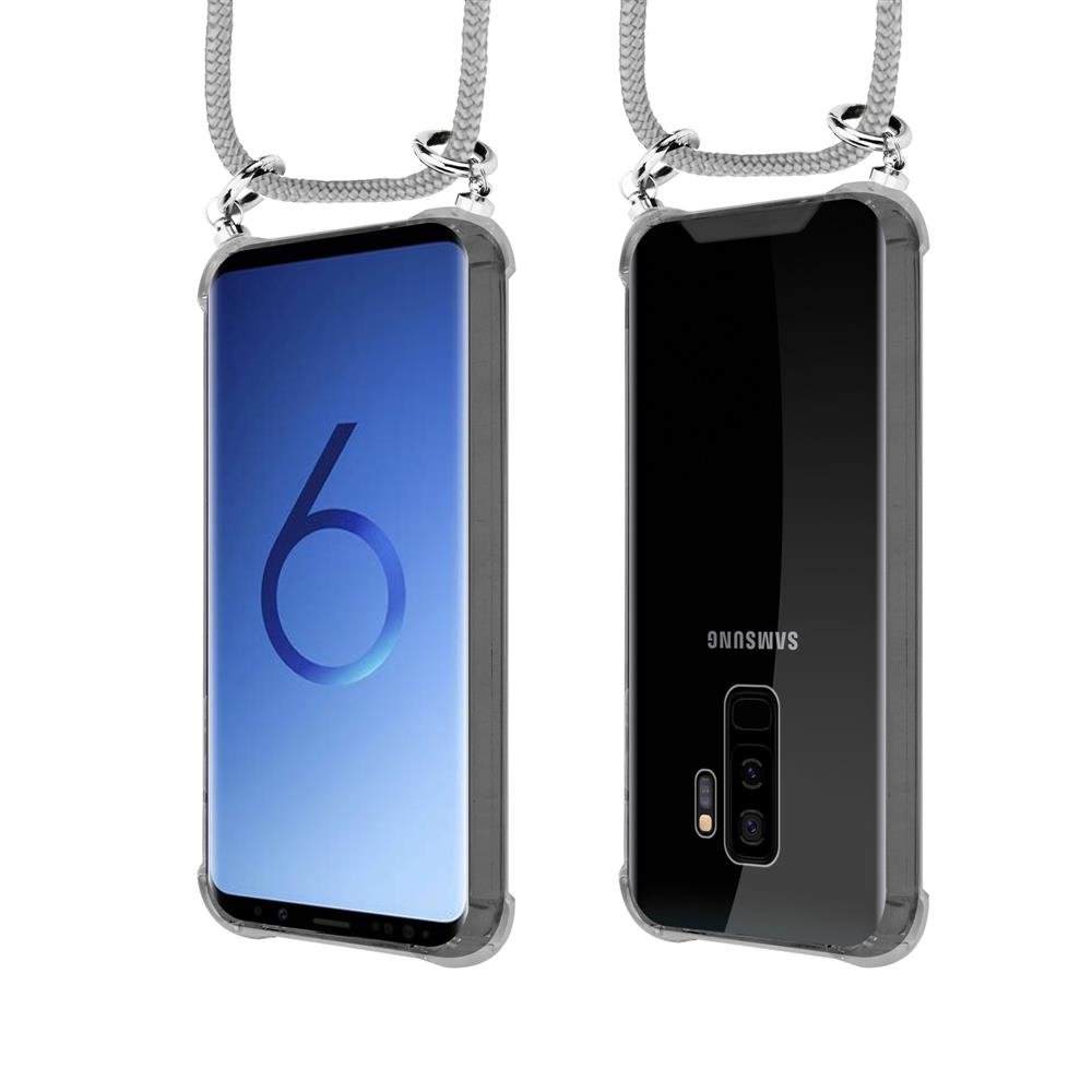 Due smartphone in custodie trasparenti con cordini, vista frontale e posteriore.
