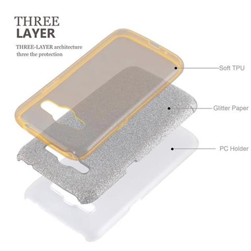 Vista explosionada de una funda de teléfono de tres capas: TPU suave, papel brillante, soporte de PC.