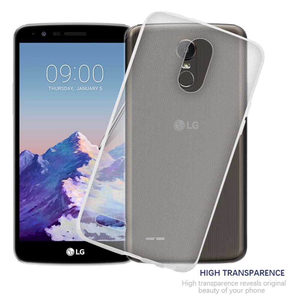 Una cover trasparente per telefono su uno smartphone LG con sfondo montuoso.