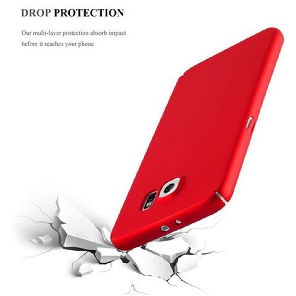 Cover rossa per telefono che cade su terreno crepato. Protezione.