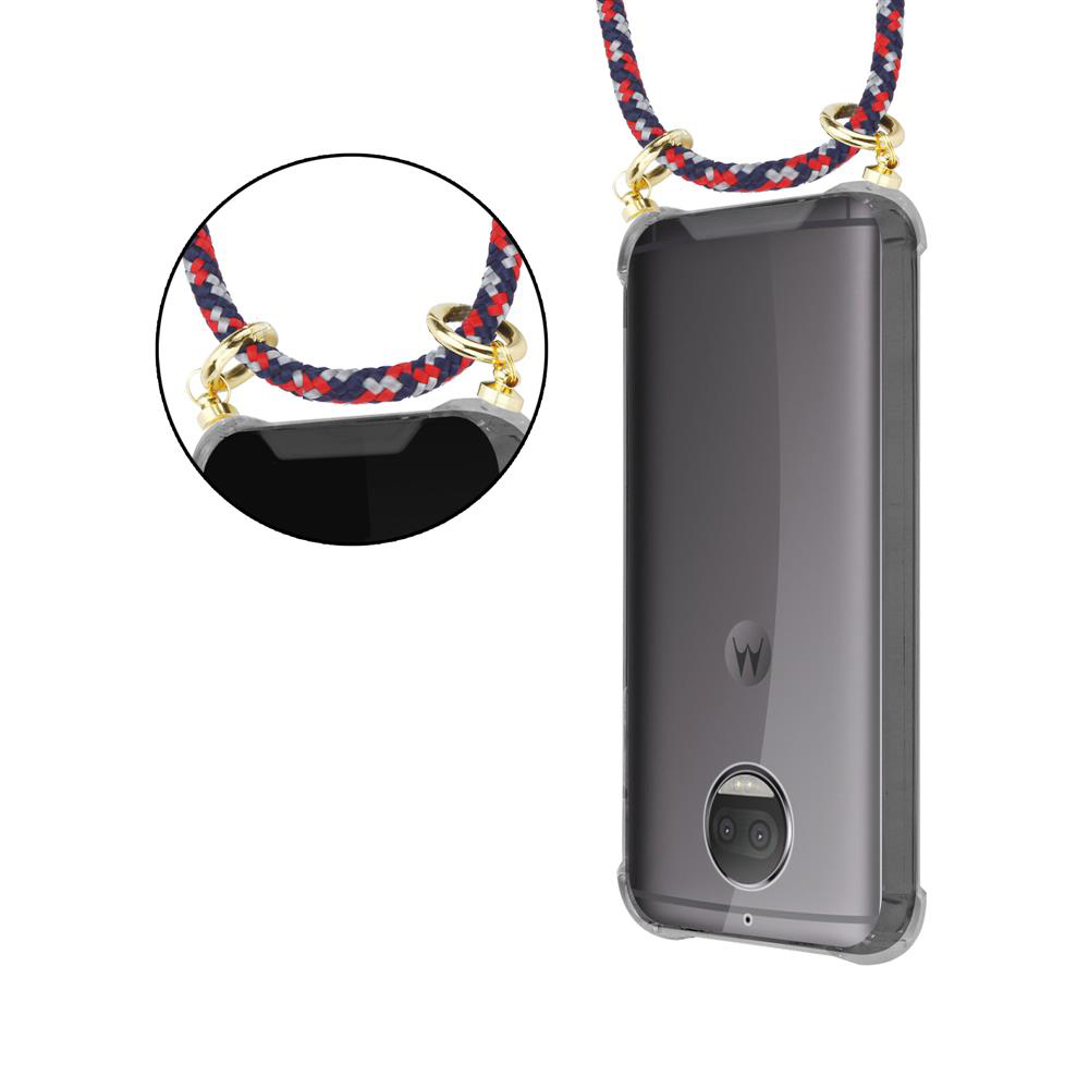 Telefono trasparente con cordino blu-rosso e anelli dorati.