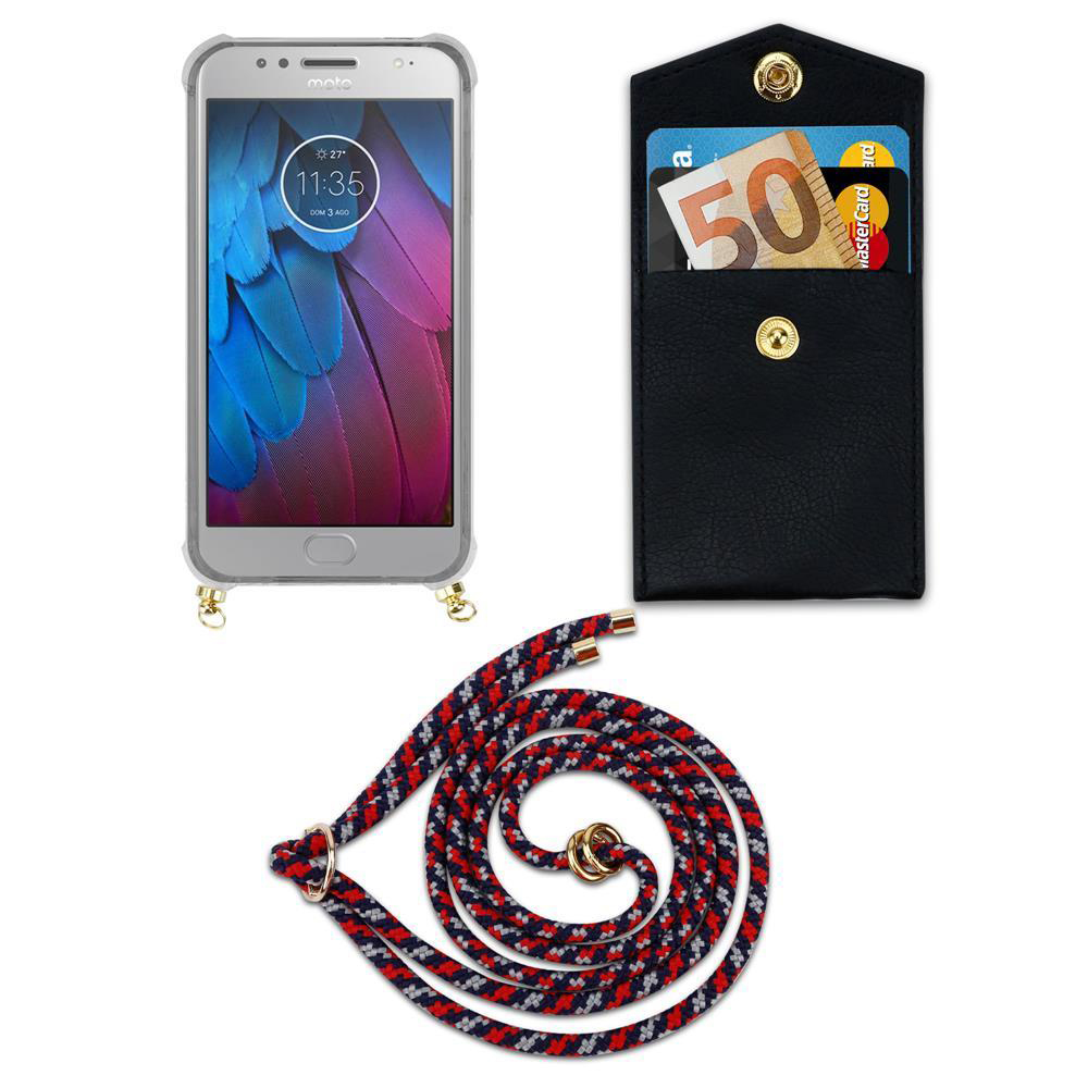 Uno smartphone, un porta carte nero con soldi e carte, e un cordone.