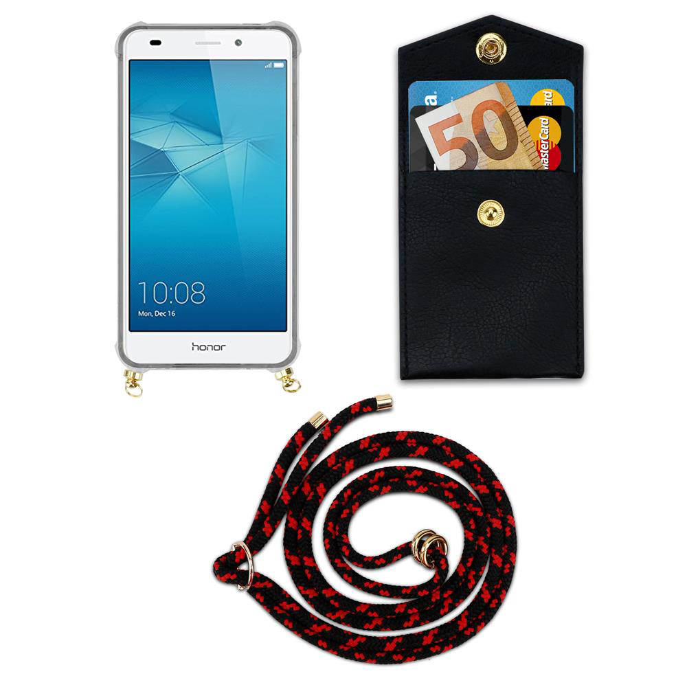 Ein Smartphone, eine schwarze Brieftasche mit Geld und Karten, und eine Lanyard.