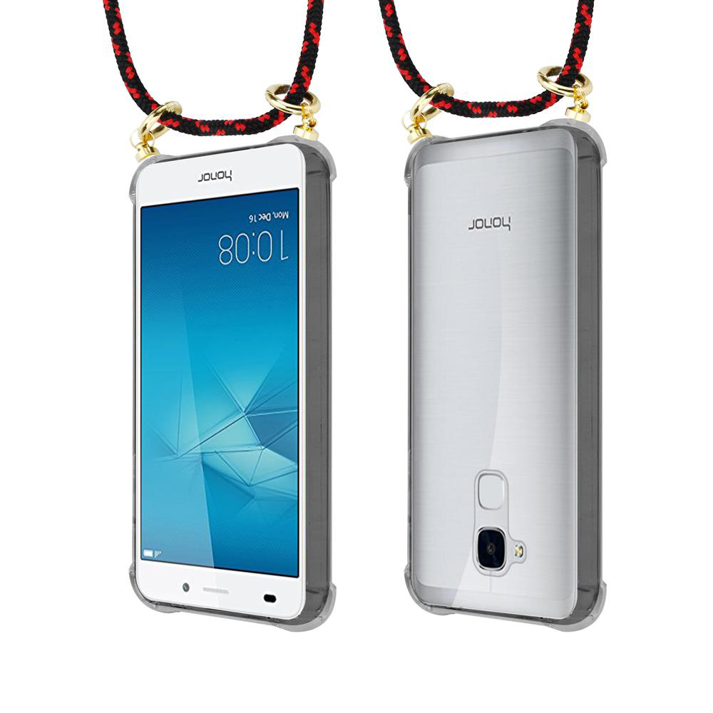 Zwei Honor-Telefone mit Trageband, eines mit Bildschirm, eines mit Rückseite.