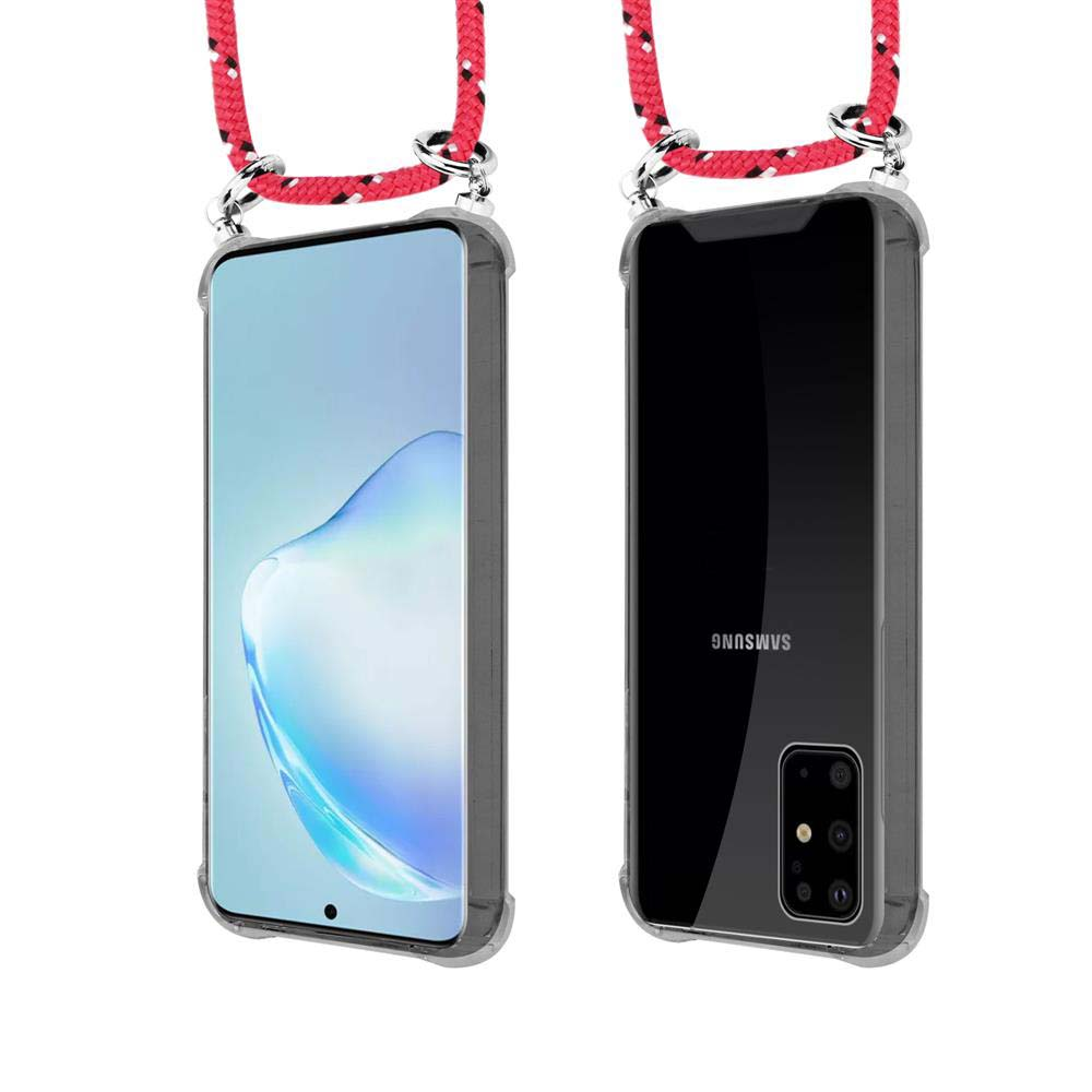 Smartphone con cordino rosso e custodia trasparente, vista frontale e posteriore.