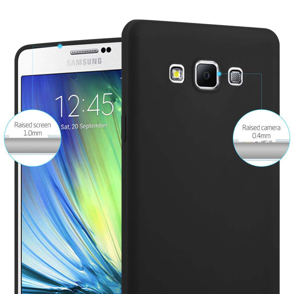 Schwarze Handyhülle zeigt Samsung-Telefon mit "Raised screen" und "Raised camera"-Details.