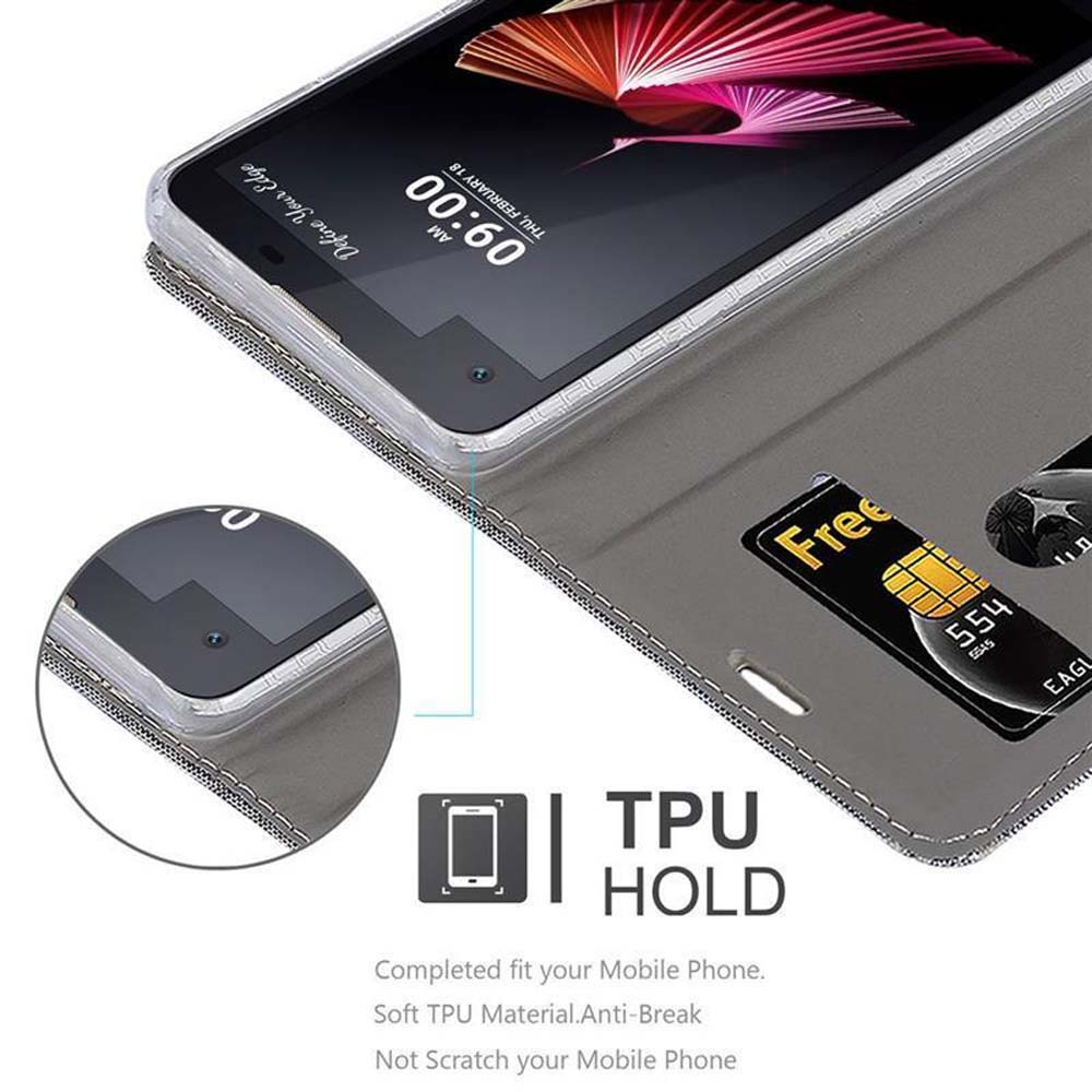 Custodia grigia per telefono con slot per carte e schermo che mostra le 9:00.