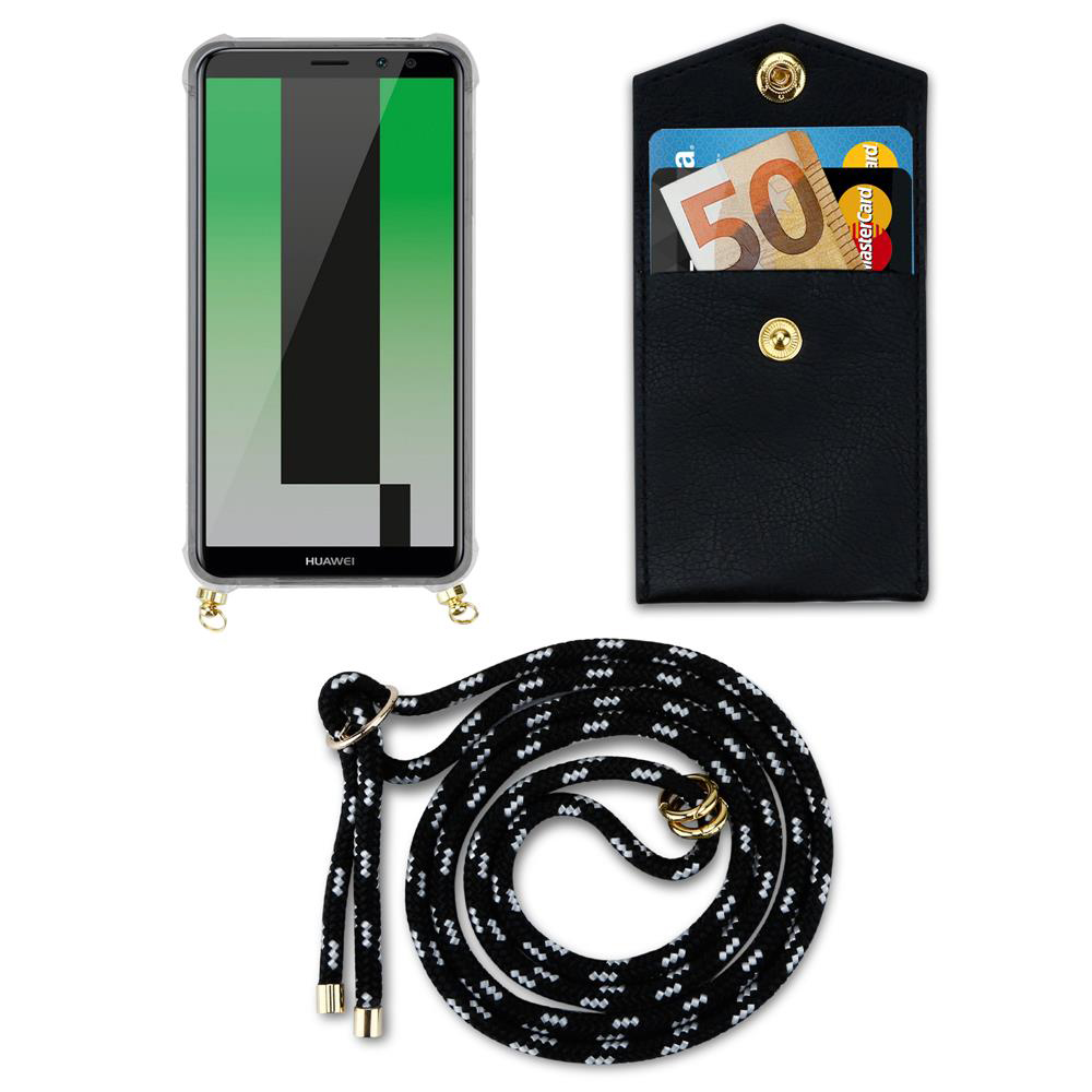 Uno smartphone in custodia, portafoglio con soldi e carte, e cordino nero.