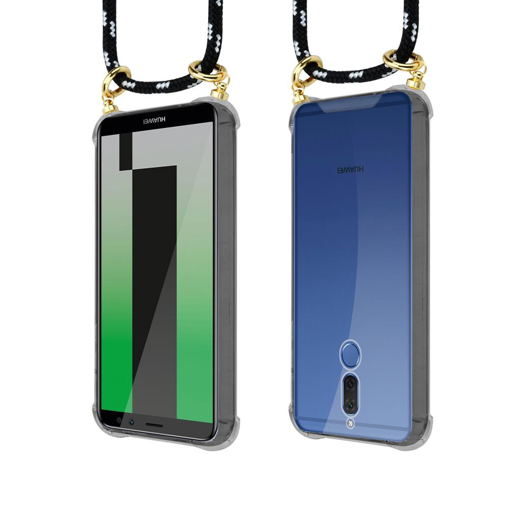 Due smartphone Huawei con cordini su sfondo bianco.