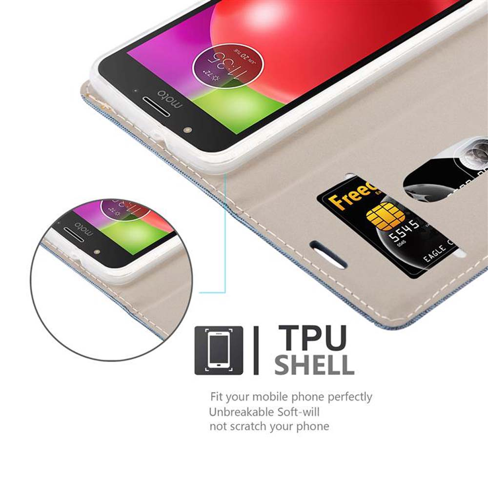 Una custodia a libro per telefono con slot per carte e un telefono Moto.