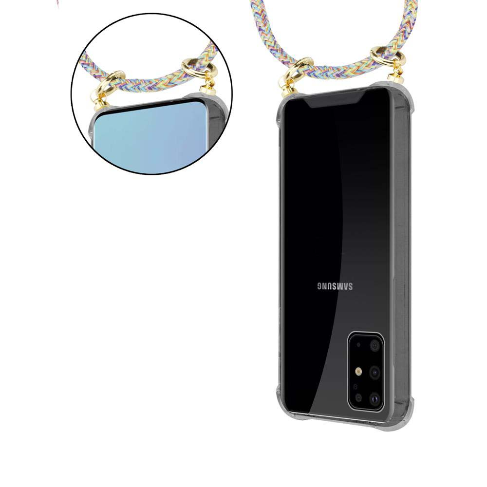Una custodia trasparente per telefono con un cinturino colorato avvolto.