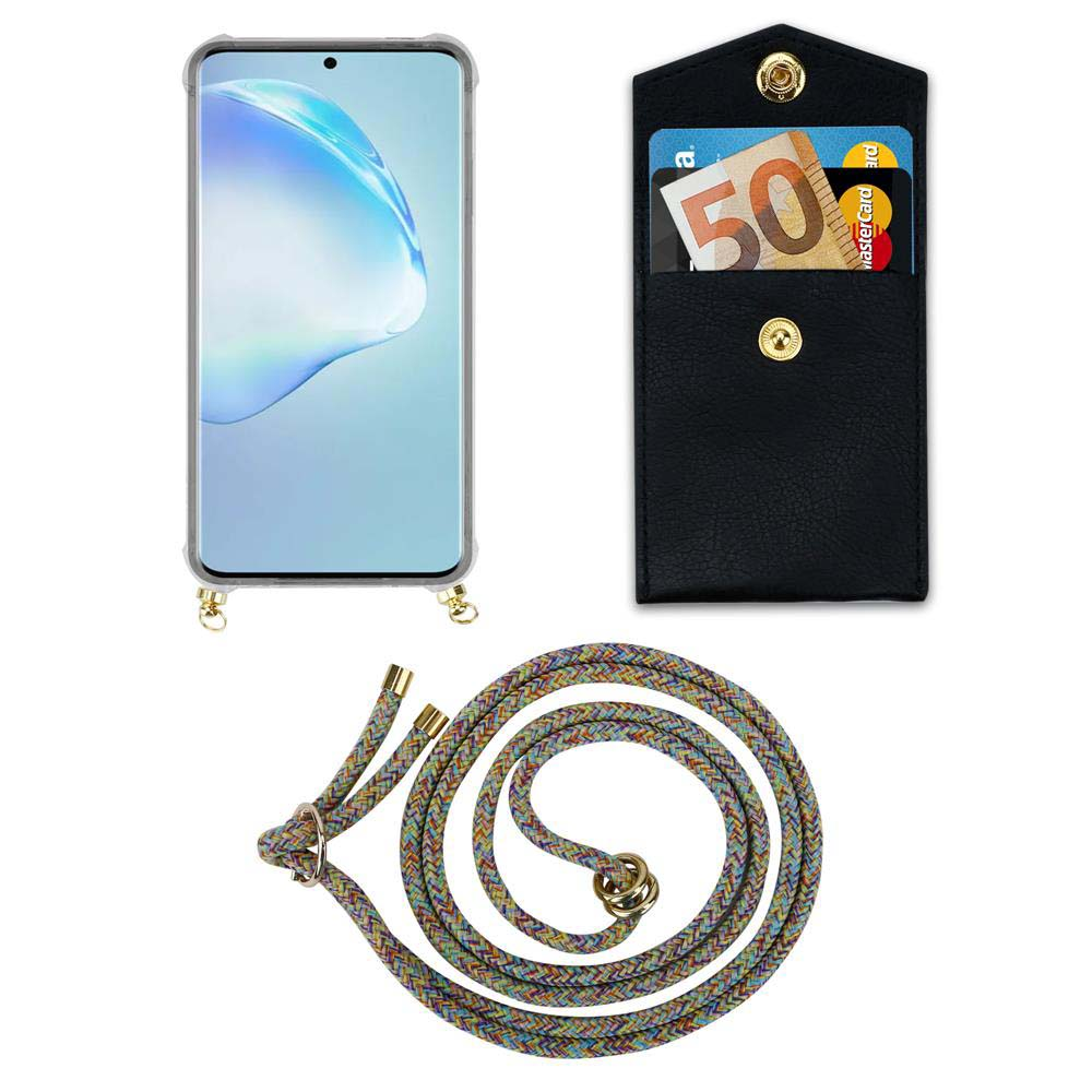 Custodia per smartphone, portafoglio con carte e banconota, cordino colorato su sfondo bianco.