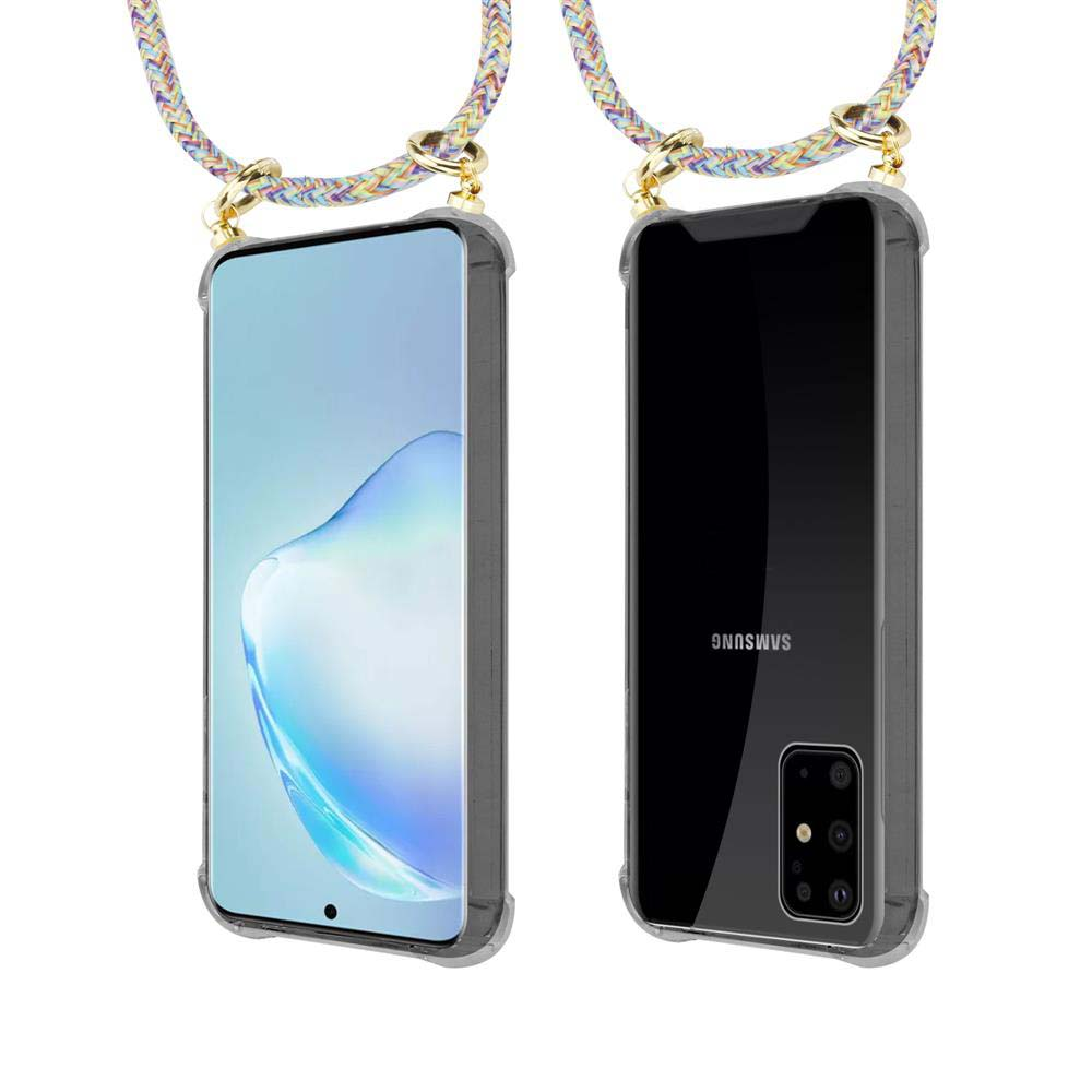 Uno smartphone in custodia con tracolla colorata, vista frontale e posteriore.
