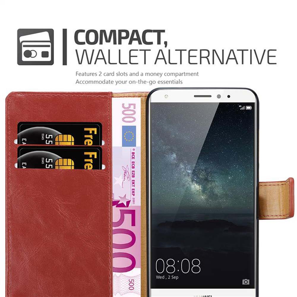 Portafoglio rosso con telefono, carte di credito e banconota da 500 euro.