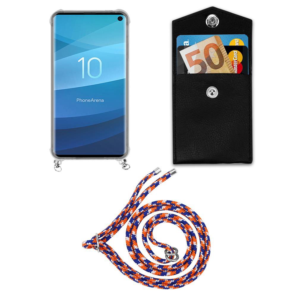 Uno smartphone in custodia, un portafoglio nero con banconota da 50 euro e carta, e un cordino.
