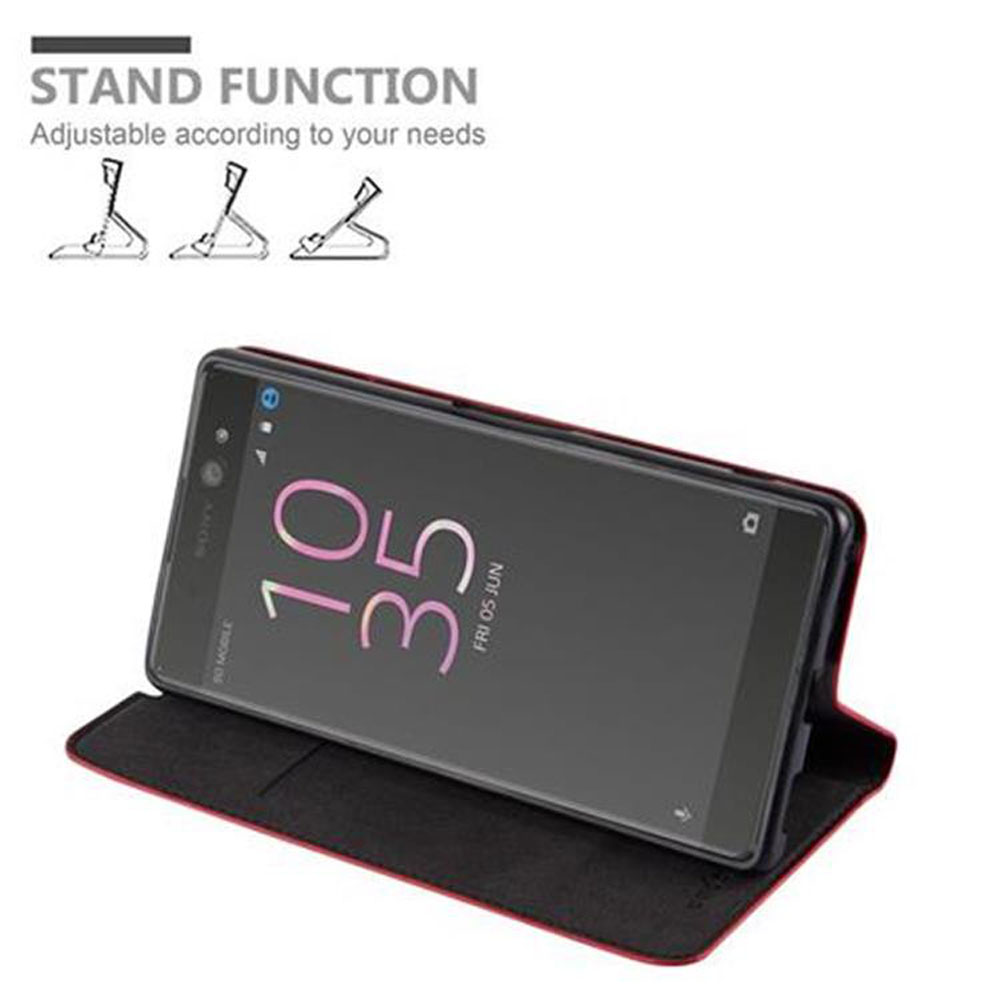 Uno smartphone in una custodia a libro rossa con scritto 'STAND FUNCTION'.