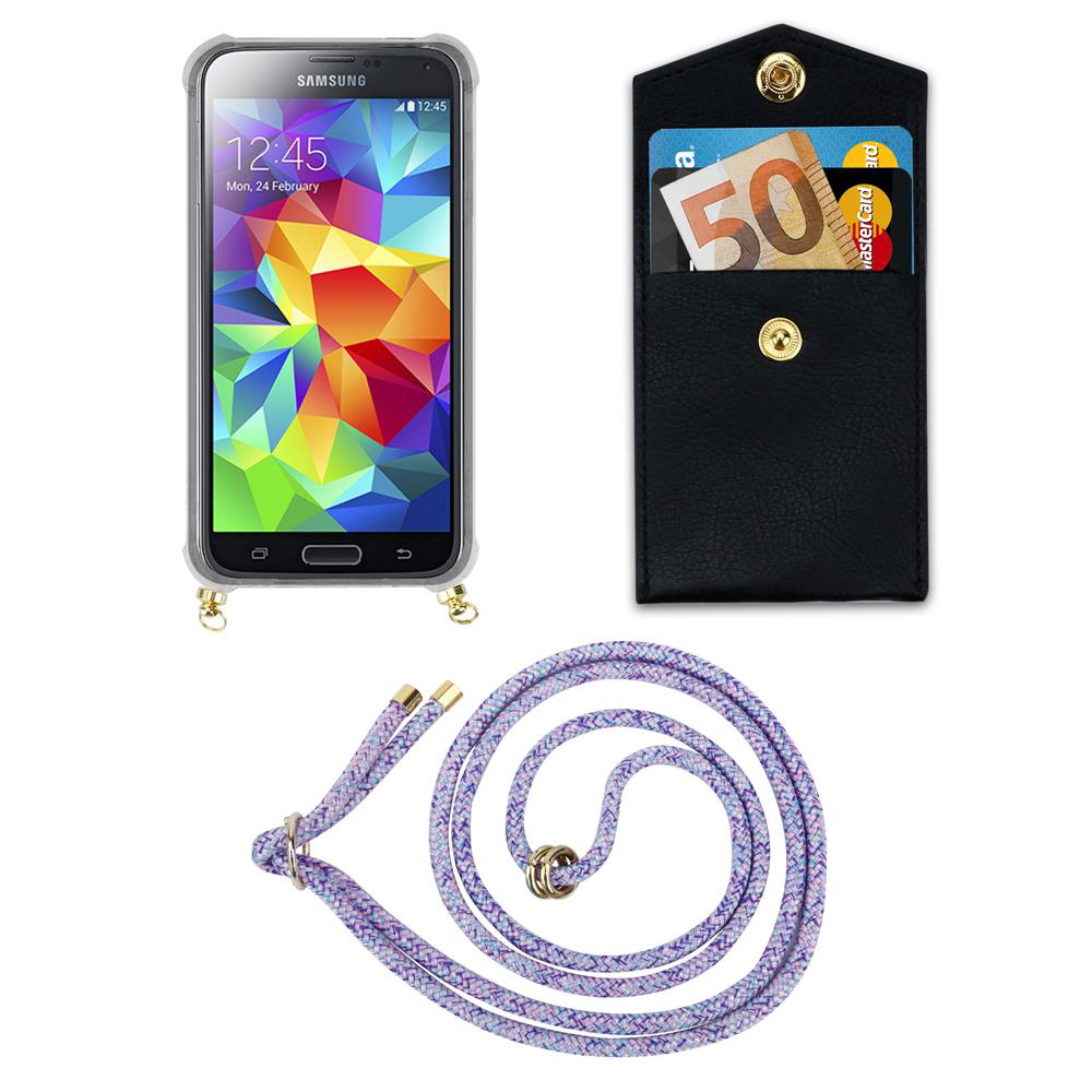 Smartphone con sfondo colorato, portafoglio nero con banconote e carte, cordino viola.