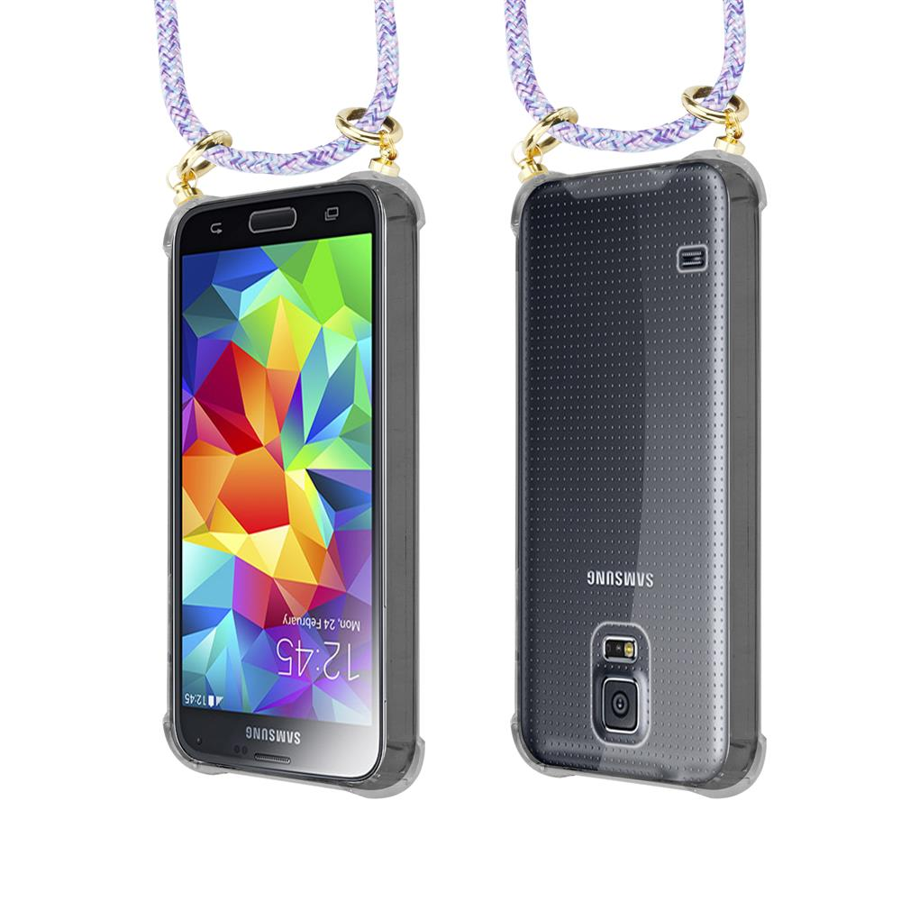 Uno smartphone con schermo colorato e custodia trasparente con cordino.